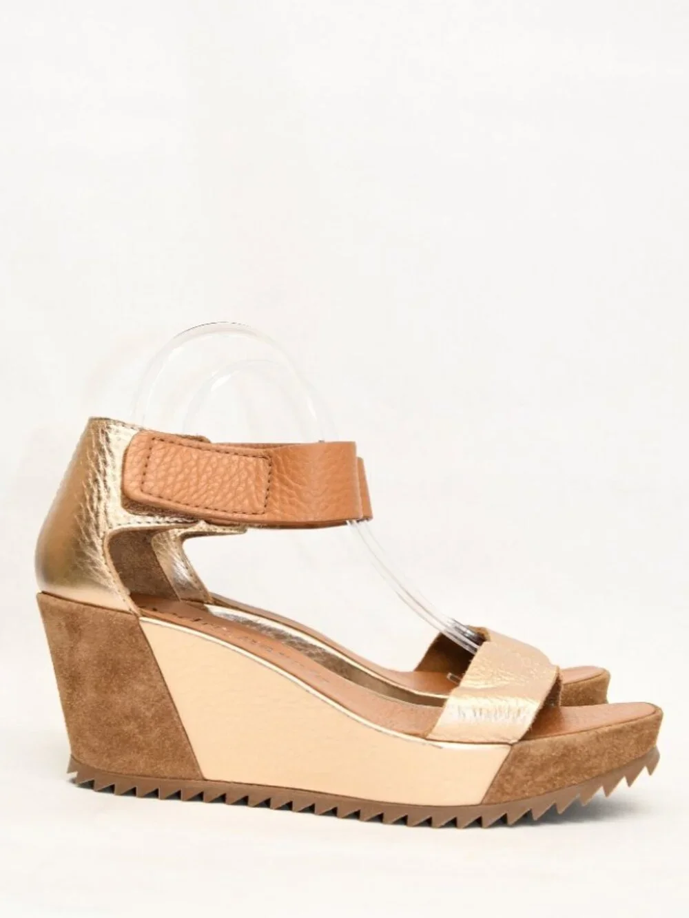 $650 Pedro Garcia fidelia wedge sandals METALLIC BROWN LEATHER SAWTOOTH 38 (DD2)